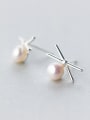 thumb Exquisite Cross Shaped Artificial Pearl Silver Stud Earrings 1