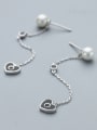 thumb Fashion White Shell Pearl Little Black Heart 925 Silver Drop Earrings 2