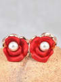 thumb Rose Gold Plated White Artificial Pearl Red Flower Stud Earrings 1