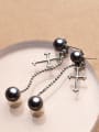 thumb Exquisite Cross Shaped Black Artificial Pearl Silver Drop Earrings 1