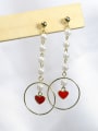 thumb White Freshwater Pearls Hollow Round Tiny Red Heart 925 Silver Drop Earrings 0