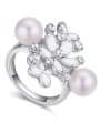 thumb Exaggerated Two Imitation Pearls White Crystals-embellished Flowers Ring 3