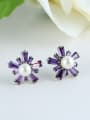 thumb Fashion Imitation Pearl Purple Zirconias-studded Flowery Stud Earrings 1