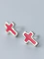 thumb Fashionable Red Cross Shaped Glue S925 Silver Stud Earrings 0