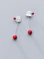 thumb 925 Sterling Silver With Platinum Plated Cute Asymmetric Red Beaded Santa Hat Drop Earrings 0
