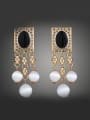 thumb Retro style White Opal Beads Black Enamel Gold Plated Alloy Drop Earrings 0