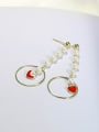 thumb White Freshwater Pearls Hollow Round Tiny Red Heart 925 Silver Drop Earrings 1