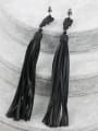 thumb Personalized White Resin stone Black Leather Tassels Drop Earrings 1
