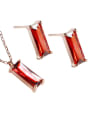 thumb Sterling silver simple red square zircon stud earrings and short necklace 0