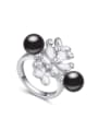thumb Exaggerated Two Imitation Pearls White Crystals-embellished Flowers Ring 0