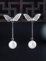 thumb 925 Sterling Silver Imitation Pearl Butterfly Vintage Drop Earring 1