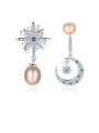 thumb 925 Sterling Silver Fashion Asymmetric Snowflake Moon Freshwater Pearl Drop Earring 0