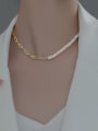 thumb 925 Sterling Silver Imitation Pearl Geometric Minimalist Hollow Chain Necklace 1