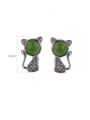 thumb 925 Sterling Silver Jade Cat Vintage Stud Earring 3