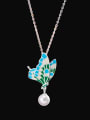 thumb 925 Sterling Silver Imitation Pearl Enamel Butterfly Vintage Necklace 0