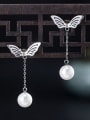 thumb 925 Sterling Silver Imitation Pearl Butterfly Vintage Drop Earring 2