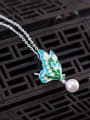 thumb 925 Sterling Silver Imitation Pearl Enamel Butterfly Vintage Necklace 1