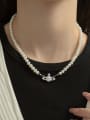 thumb 925 Sterling Silver Cubic Zirconia Planet Minimalist Beaded Necklace 1
