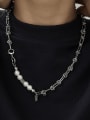 thumb Titanium Steel Imitation Pearl Letter Hip Hop Hollow Chain Necklace 1