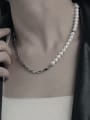 thumb Brass Imitation Pearl Round Vintage Asymmetric chain Necklace 1