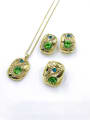 thumb Trend Rectangle Zinc Alloy Glass Stone Green Earring Ring and Necklace Set 0