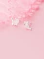 thumb 925 Sterling Silver With Platinum Plated Cute Asymmetrical Pink Kitten Stud Earrings 0