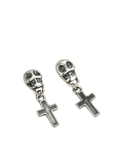 Vintage Sterling Silver With Antique Silver Plated Trendy Skull  Cross Drop Earrings