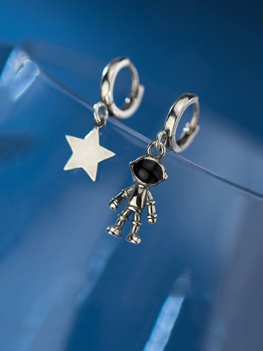 925 Sterling Silver With Antique Silver Plated Vintage Asymmetric  Star Clip On Earrings