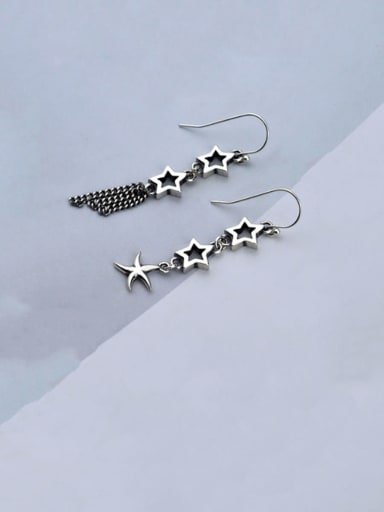 Vintage Sterling Silver With  Fashion Hollow Five-pointed Star Tassel  Drop Earrings
