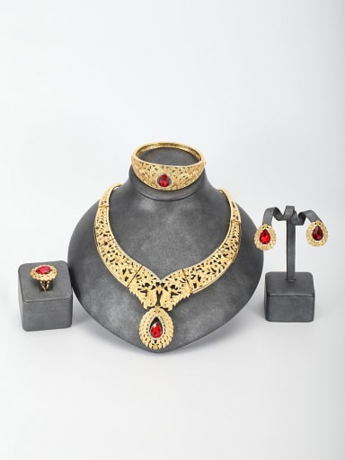 GODKI Luxury Women Wedding Dubai Gold Plated Zinc Alloy Ruby Red 4 Pieces Set