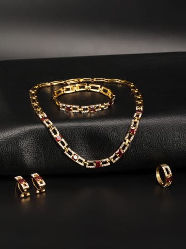 New design Gold Plated Zinc Alloy Square Red Crystal 4 Pieces Set
