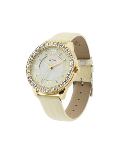 Fashion Beige Alloy Japanese Quartz Round Genuine Leather Women's Watch 40-43.5mm