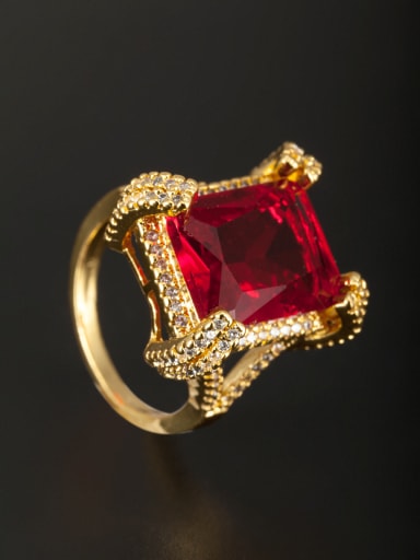Red Square Ring with Gold Plated Copper Zircon   6#-9#