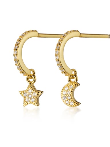 925 Sterling Silver With Gold Plated Cute Asymmetric Stars Moon Drop Earrings