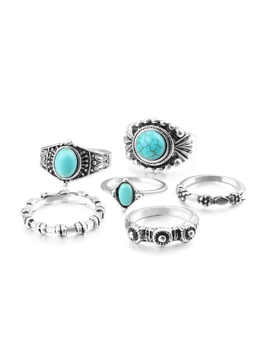 Retro style Turquoise Stones Antique Silver Plated Alloy Ring Set