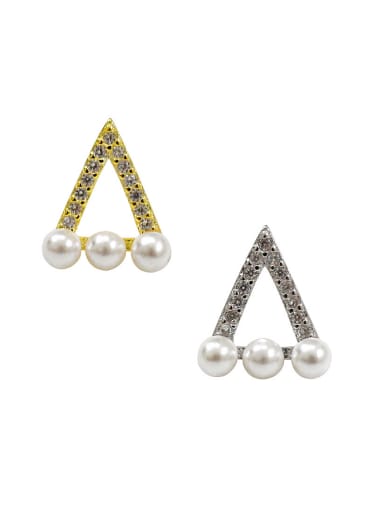 Simple Artificial Pearls Hollow Triangle Rhinestones Silver Stud Earrings