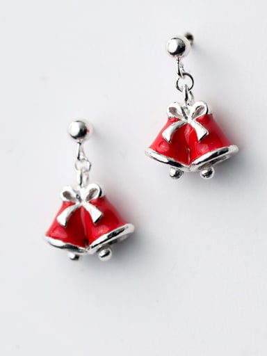 925 Sterling Silver With Christmas bell Cute red Drop Earrings