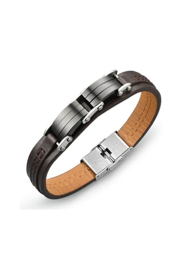 Simple Brown Artificial Leather Titanium Men Bracelet