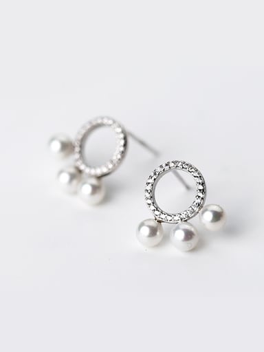 Temperament Round Shaped Artificial Pearl Silver Stud Earrings