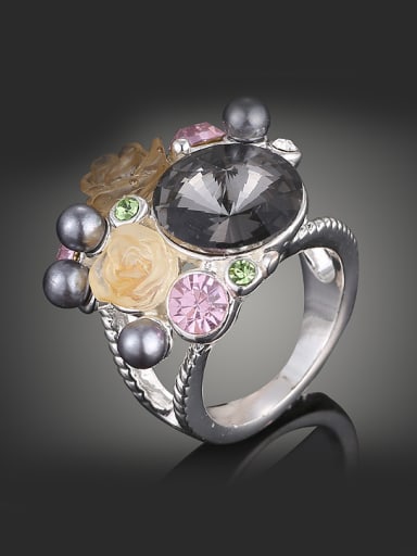 Fashion Colorful Rhinestones Black Artificial Pearls Alloy Ring