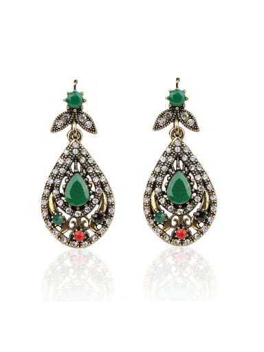 Retro Ethnic style Green Resin stones White Crystals Alloy Drop Earrings