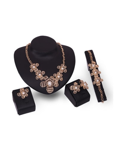 Alloy Imitation-gold Plated Fashion Artificial Stones Hollow Flower Four Pieces Jewelry Set