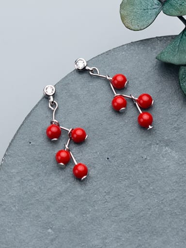 Exquisite Red Artificial Pearl S925 Silver Drop Earrings