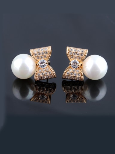 Sterling Silver Bow  Zircon Pearls Shells Upscale Fashion stud Earring