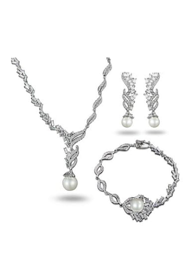Exquisite 18K White Gold Plated Artificial Pearl Three Pieces Jewelry Set