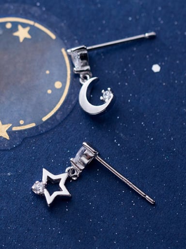 925 Sterling Silver With Platinum Plated Cute  Asymmetry star moon Stud Earrings