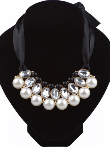 Fashion White Imitation Pearls Stones Black Ribbon Necklace