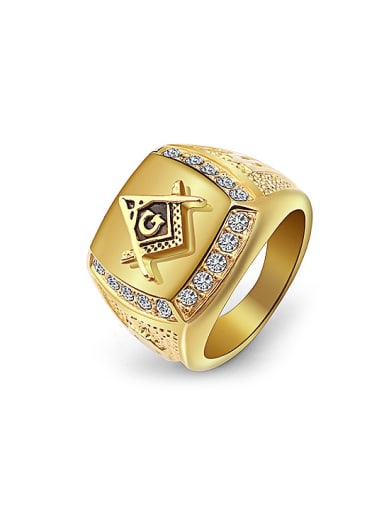 Gold Plated Freemason Logo Rhinestones Signet Ring