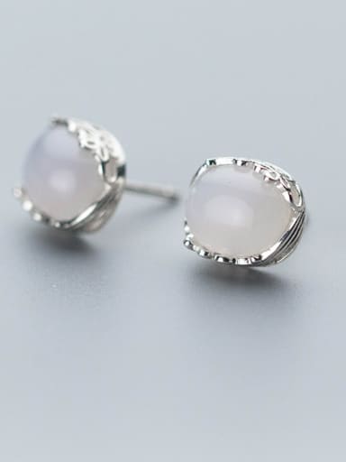 Temperament Pink Round Shaped Stone S925 Silver Stud Earrings