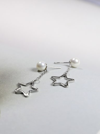 Fashion Hollow Star White Artificial Pearl 925 Silver Drop Earrings
